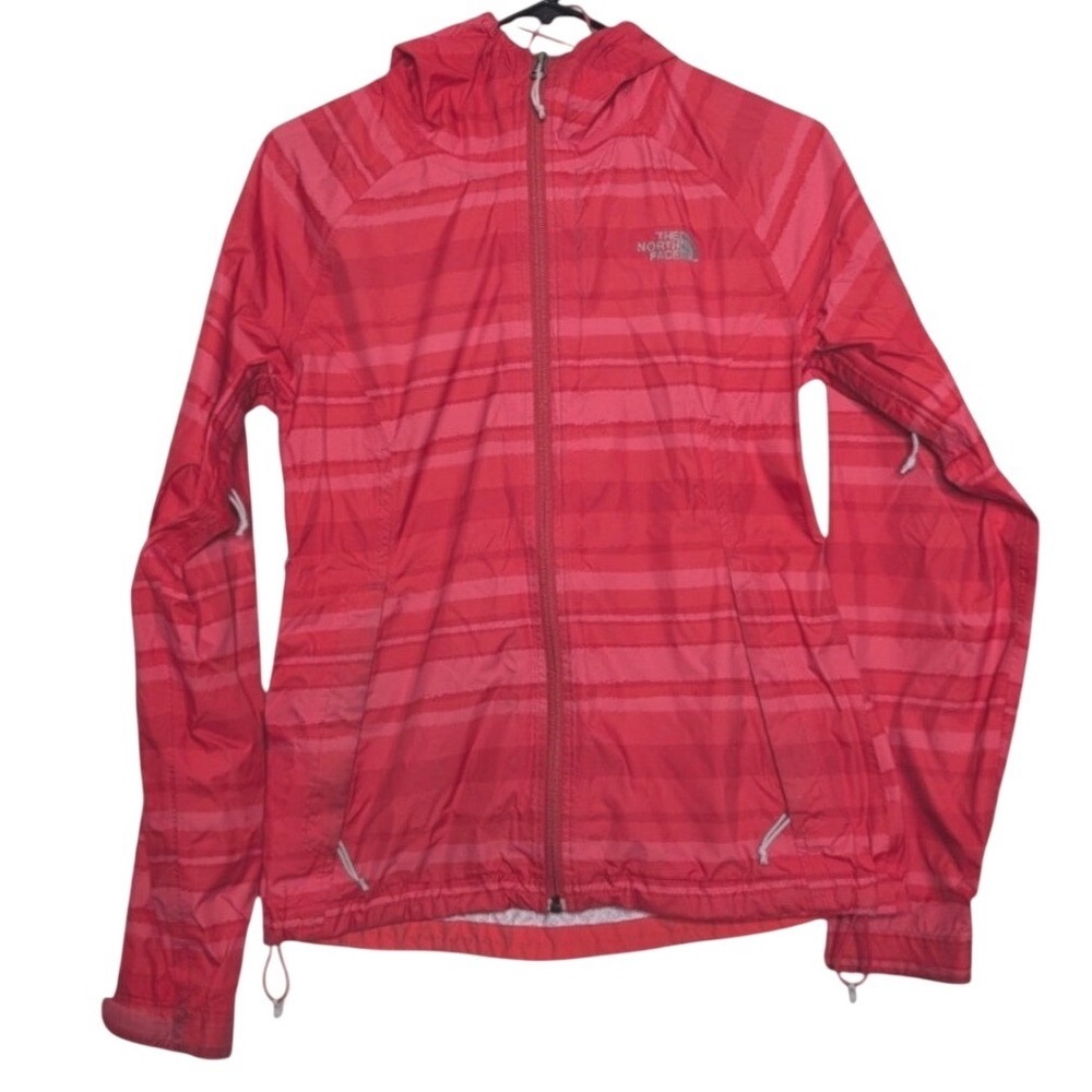 The North‎ Face HyVent Rain Jacket Womens Small Pink Red Striped Hooded Gorpcore